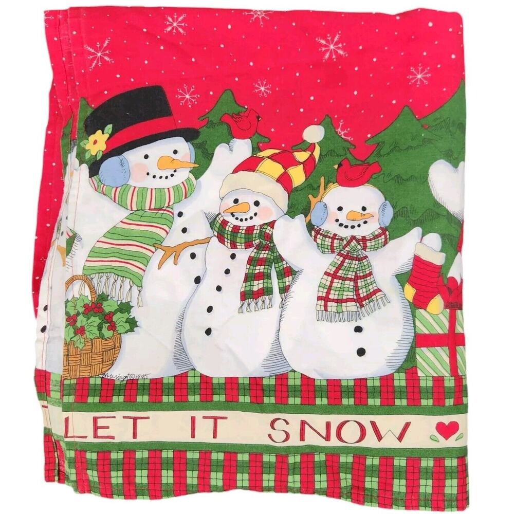 VTG 1990s Cottage Handmade Christmas Tablecloth Let It Snow Snowman Red 88×56